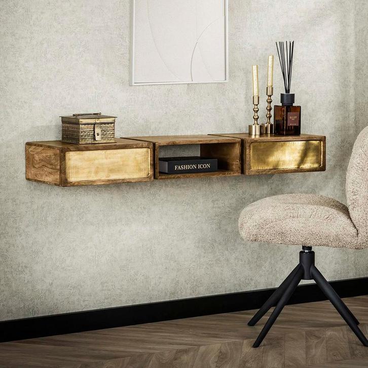 *WOONWINKEL* Zwevende Sidetable Mangohout En Goud, Huis en Inrichting, Tafels | Sidetables, Nieuw, Verzenden