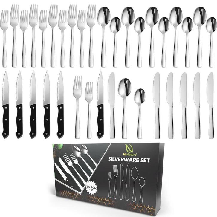HI NATURE™ Bestekset 6 Persoons (36-delig) Zilver | Bestek,, Huis en Inrichting, Keuken | Keukenbenodigdheden, Zo goed als nieuw