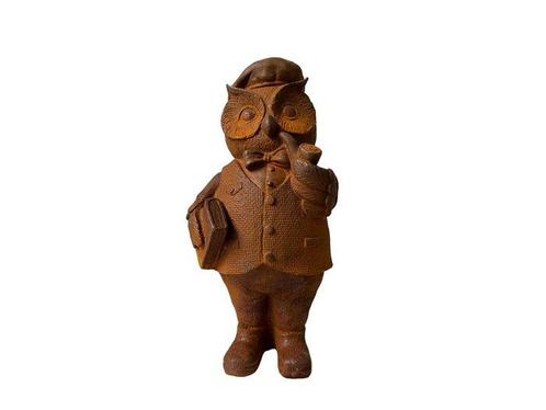 Beeld, Wijze uil met pijp - 19 cm - Gietijzer, Antiek en Kunst, Curiosa en Brocante