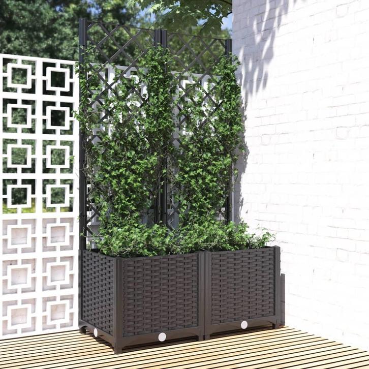 vidaXL Plantenbak met trellis zwart 80x40x136 cm PP, Tuin en Terras, Bloembakken en Plantenbakken, 60 tot 100 cm, Nieuw, Kunststof