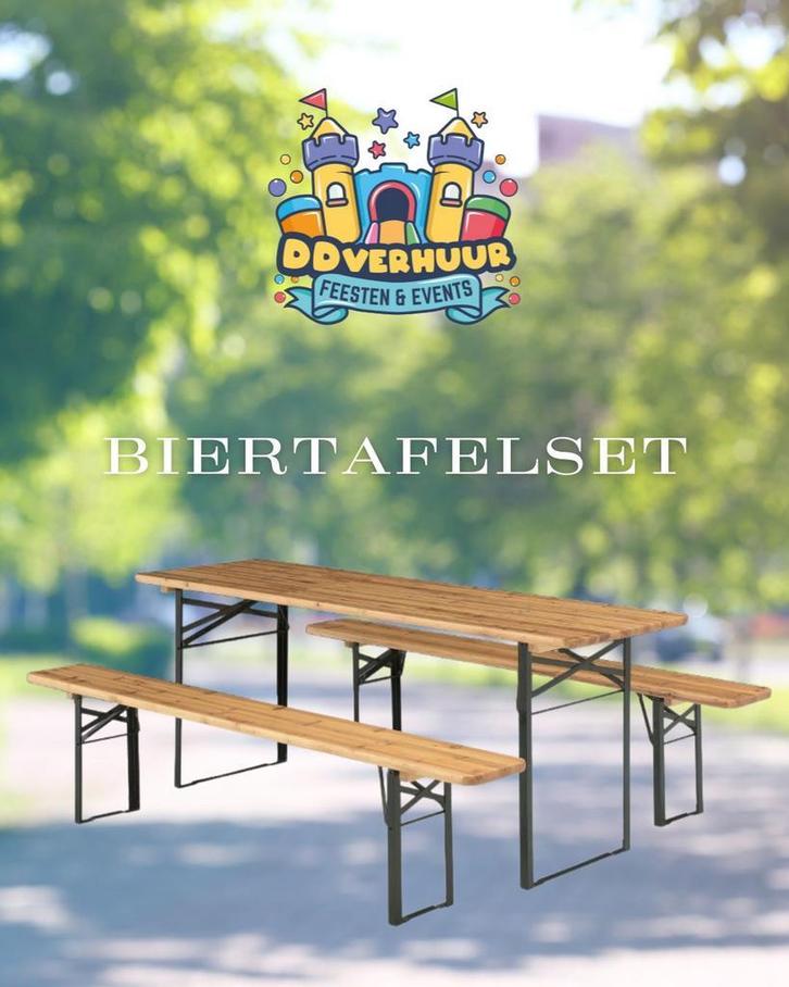 Biertafelset huren (tafel + banken) – €15 p/dag, Hobby en Vrije tijd, Feestartikelen | Verhuur, Zo goed als nieuw