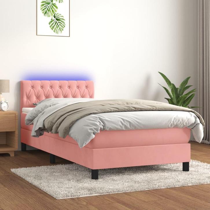 vidaXL Boxspring met matras en LED fluweel roze 90x200 cm, Huis en Inrichting, Slaapkamer | Bedden, 90 cm, 200 cm, Eenpersoons