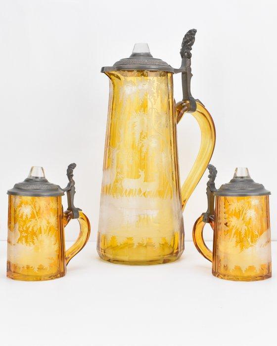 Drinkset (3) - Kristal, Glas-in-lood - Boheems Gegraveerd, Antiek en Kunst, Antiek | Glas en Kristal