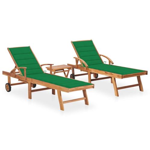 vidaXL Ligbedden 2 st met tafel en kussens massief teakhout, Tuin en Terras, Ligbedden, Nieuw, Verzenden