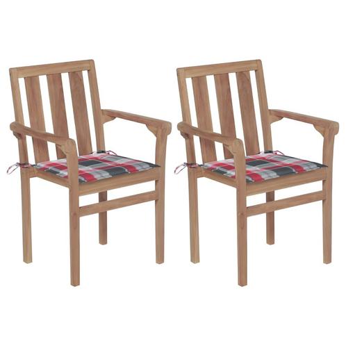 vidaXL Tuinstoelen 2 st met rood geruite kussens massief, Tuin en Terras, Tuinstoelen, Nieuw, Teakhout, Verzenden