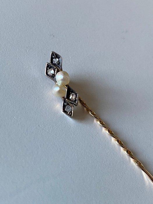 Broche - 14 karaat Geel goud, Zilver - 0.04ct. tw. Diamant, Sieraden, Tassen en Uiterlijk, Antieke sieraden