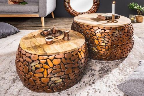 Set van 2 ronde salontafels STONE MOSAIC 65cm koper, Huis en Inrichting, Tafels | Salontafels, Ophalen of Verzenden