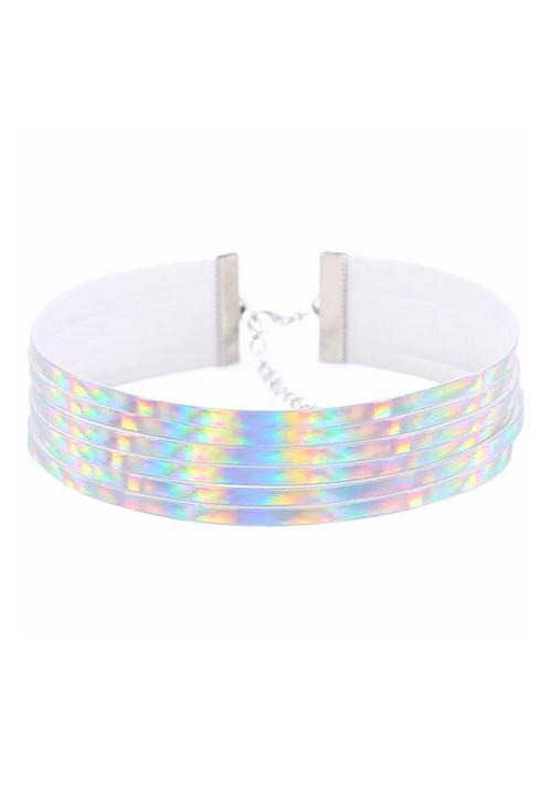 Choker Zilver Streepjes Iridescent Holografische Ketting Hal, Sieraden, Tassen en Uiterlijk, Kettingen, Zilver, Nieuw, Verstelbaar