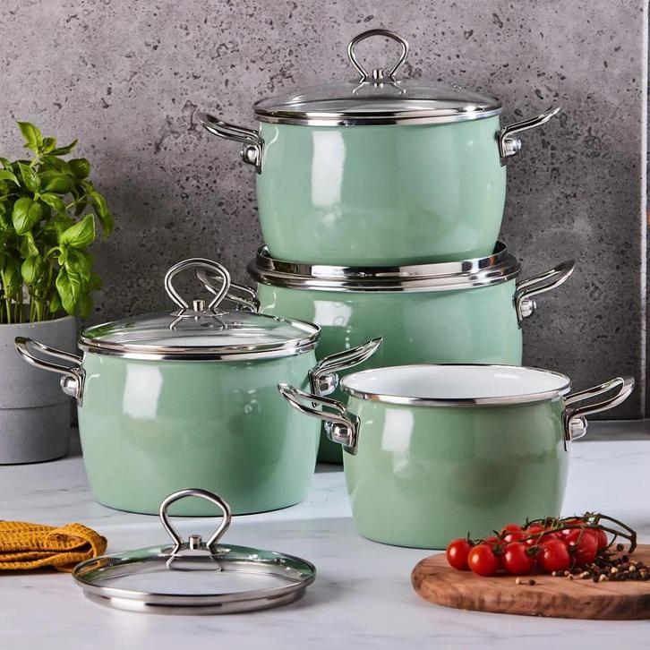 Altom Design Balbina 8 delige Emaille Pannenset Groen -, Huis en Inrichting, Keuken | Potten en Pannen, Ophalen of Verzenden