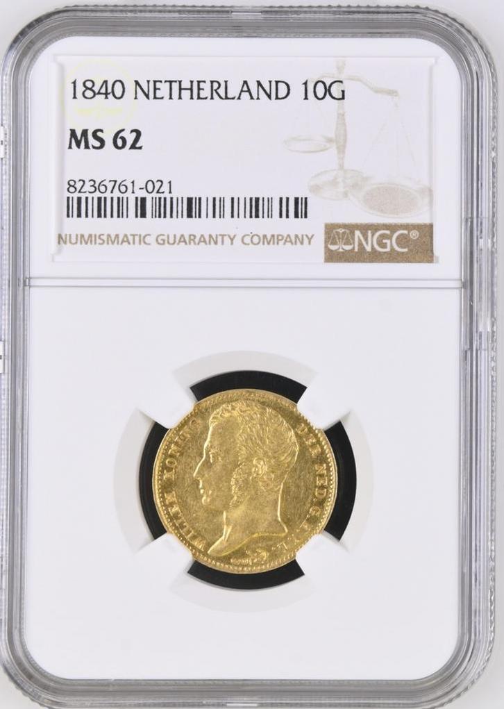 Gouden Willem I 10 gulden 1840 MS62 NGC gecertificeerd, Postzegels en Munten, Munten | Nederland, Losse munt, 10 gulden, Koning Willem II