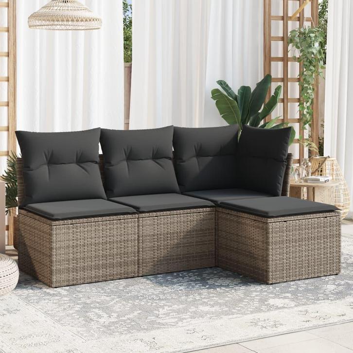 vidaXL 4-delige Loungeset met kussens poly rattan grijs, Tuin en Terras, Tuinsets en Loungesets, Loungeset, Nieuw, Rotan, Verzenden