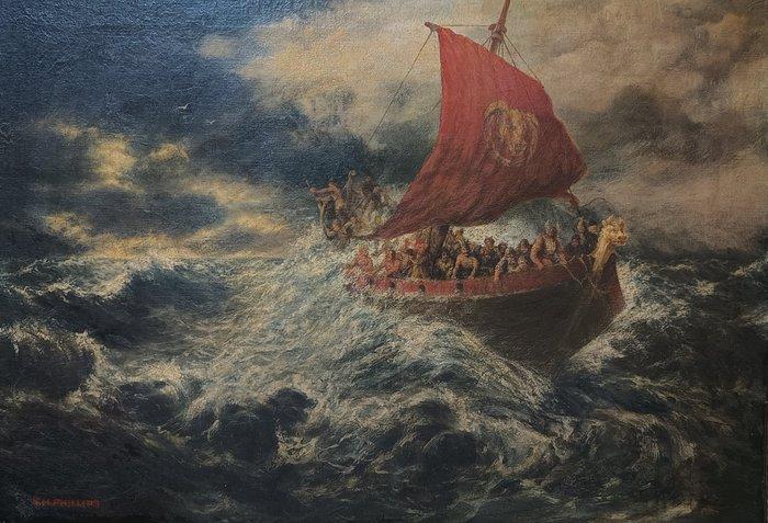 Samuel Henry Phillips (XIX) - The Drakkar,the viking ship, Antiek en Kunst, Kunst | Schilderijen | Klassiek