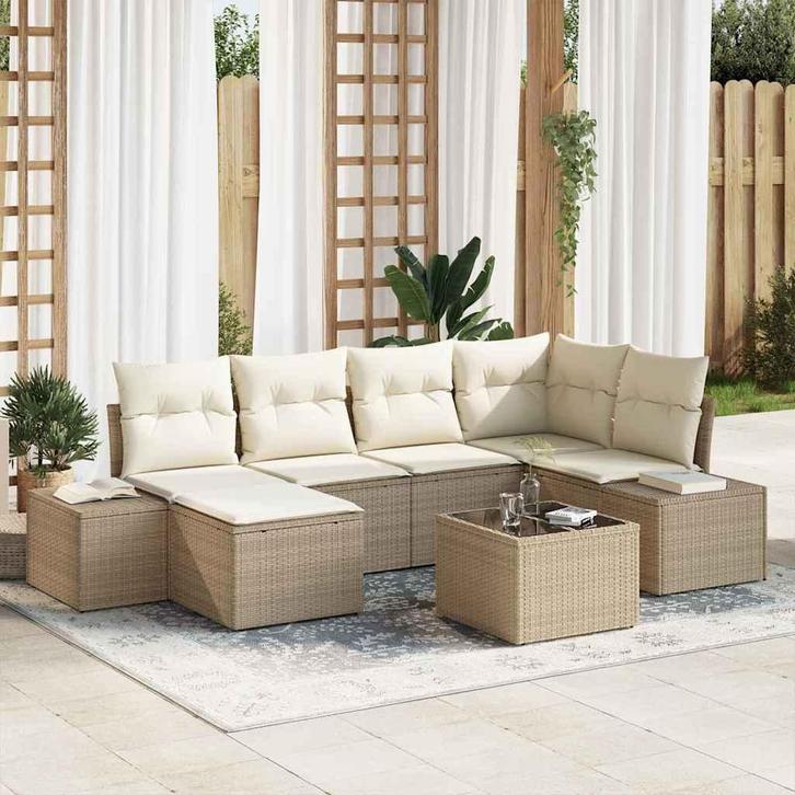 vidaXL Tuin Sofa Set met kussen 6 pcs Beige en Crème poly, Tuin en Terras, Tuinsets en Loungesets, Nieuw, Rotan, Verzenden