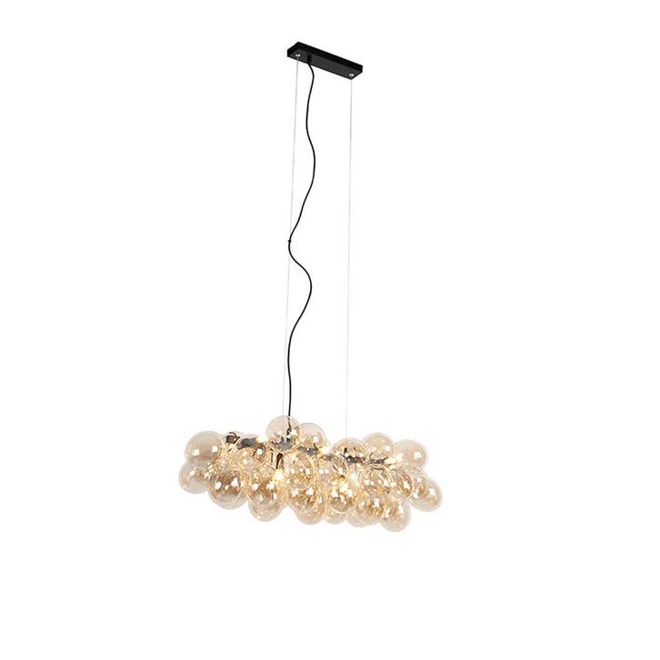 Design hanglamp zwart met amber glas 8-lichts - Uvas, Huis en Inrichting, Lampen | Hanglampen, Nieuw, Glas, 75 cm of meer