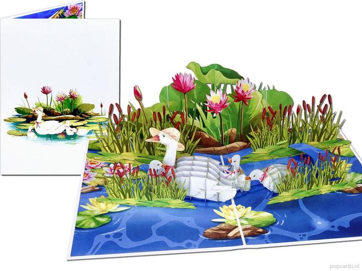 Wenskaart Moeder de Gans met 3 jonge Gansjes pop-up kaart, Diversen, Wenskaarten, Verzenden