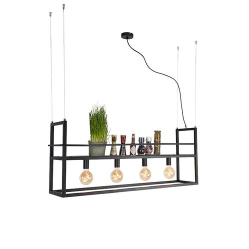 Industriële hanglamp zwart met rek large 4-lichts - Cage, Huis en Inrichting, Lampen | Hanglampen, Nieuw, Overige materialen, 75 cm of meer