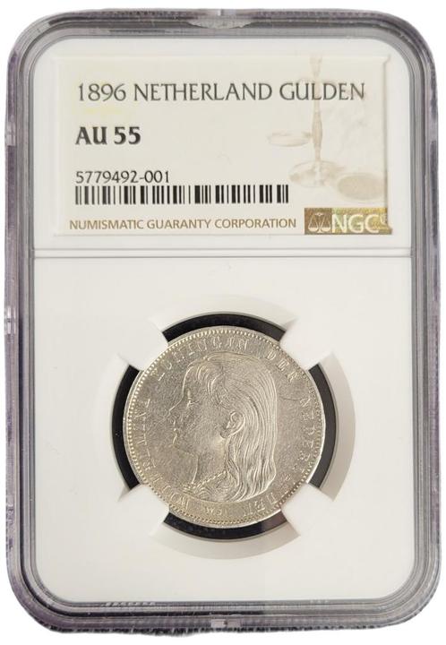 Koningin Wilhelmina 1 gulden 1896 AU55 NGC gecertificeerd, Postzegels en Munten, Munten | Nederland, Losse munt, Zilver, Verzenden