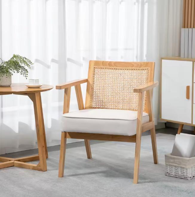 Beige Rotan Fauteuil – Natuurlijke Stoel met Linnen – Boho, Huis en Inrichting, Stoelen, Eén, Overige kleuren, Nieuw, Hout, Stof