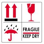 Fragile/This Side Up/Keep Dry Sticker Rood/Zwart 100x110, Verzenden