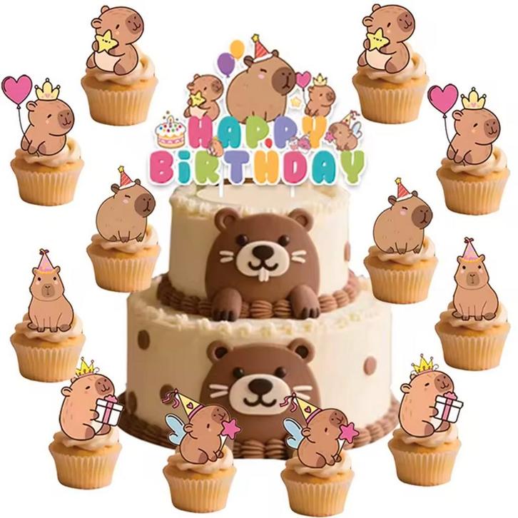 Capibara taart en cupcake topper set 24-delig, Hobby en Vrije tijd, Taarten en Cupcakes maken, Taarten of Cupcakes, Nieuw, Versiering