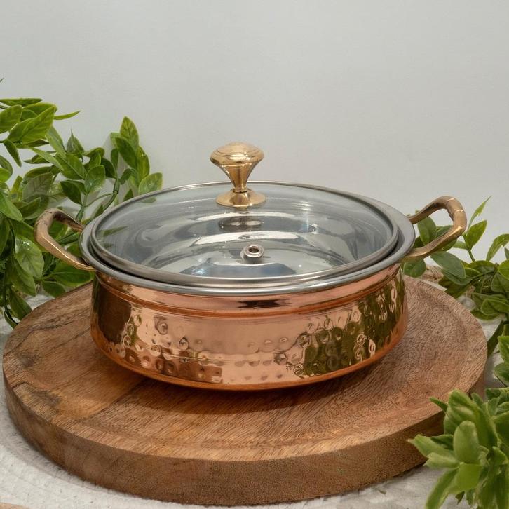 Puur koperen serveerschaal met RVS binnenkant en glazen, Huis en Inrichting, Keuken | Servies, Ophalen of Verzenden