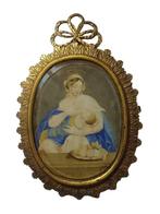 Moeder Maria met Jezus en fruitmand. - Plaquette - Gouache