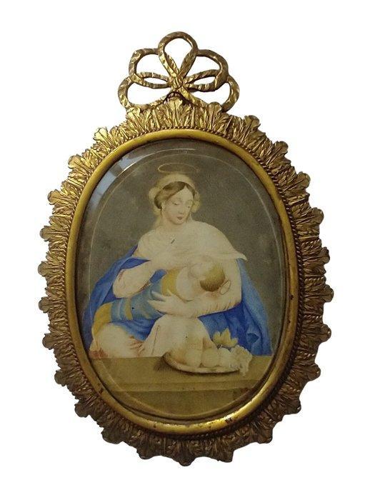 Moeder Maria met Jezus en fruitmand. - Plaquette - Gouache, Antiek en Kunst, Kunst | Niet-Westerse kunst