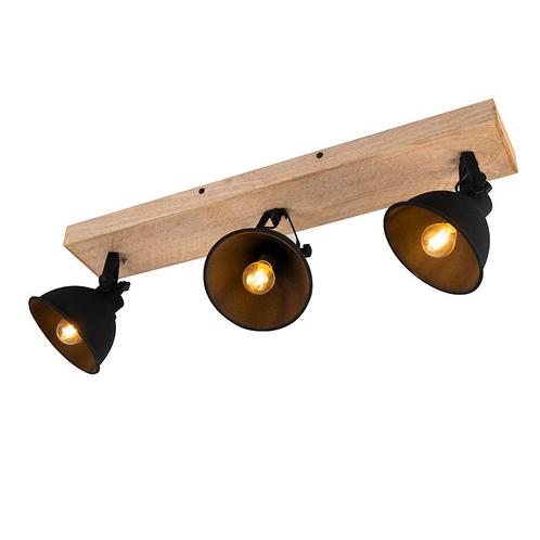 Stoere spot zwart met hout 3-lichts - Fors, Huis en Inrichting, Lampen | Spots