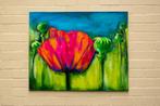 Klaproos en Knoppen – Schilderij met Bloemen op Canvas, Antiek en Kunst, Ophalen of Verzenden