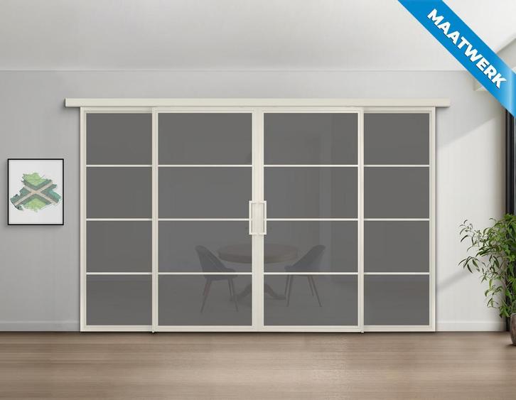 Dubbele stalen Schuifdeuren met koofsysteem en glaspanelen 4, Doe-het-zelf en Verbouw, Kozijnen en Schuifpuien, Nieuw, Inclusief glas