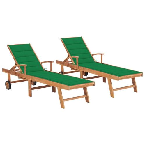 vidaXL Ligbedden 2 st met groene kussens massief teakhout, Tuin en Terras, Ligbedden, Nieuw, Verzenden
