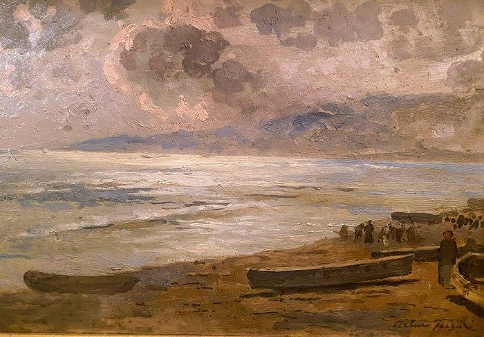 Arturo Ferrari (1861-1932) - Spiaggia con barca e personaggi, Antiek en Kunst, Kunst | Schilderijen | Klassiek