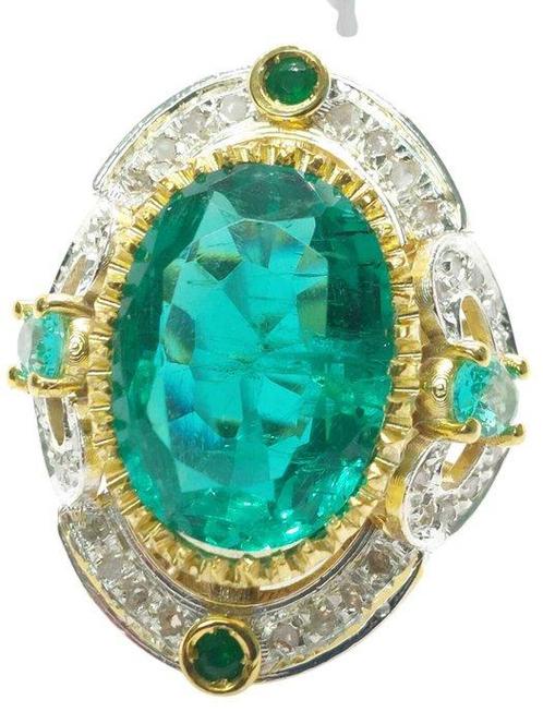 Zonder Minimumprijs - Ring - 9 kt. Geel goud, Zilver Smaragd, Sieraden, Tassen en Uiterlijk, Ringen