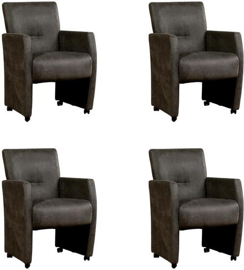 Set van 4 Donkergrijze leren moderne eetkamerfauteuils - Ken, Huis en Inrichting, Stoelen, Vier, Overige kleuren, Nieuw, Leer