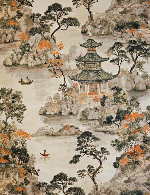 Exclusief oosters Weefsel met pagode - 300x280cm - Pagode, Antiek en Kunst, Antiek | Kleden en Textiel