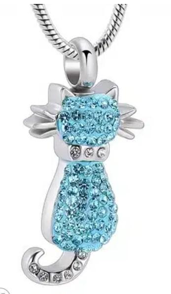 Ashanger, assieraad Kat strass blauw, sieraad crematie as, Sieraden, Tassen en Uiterlijk, Kettinghangers, Met strass, Blauw, Dier