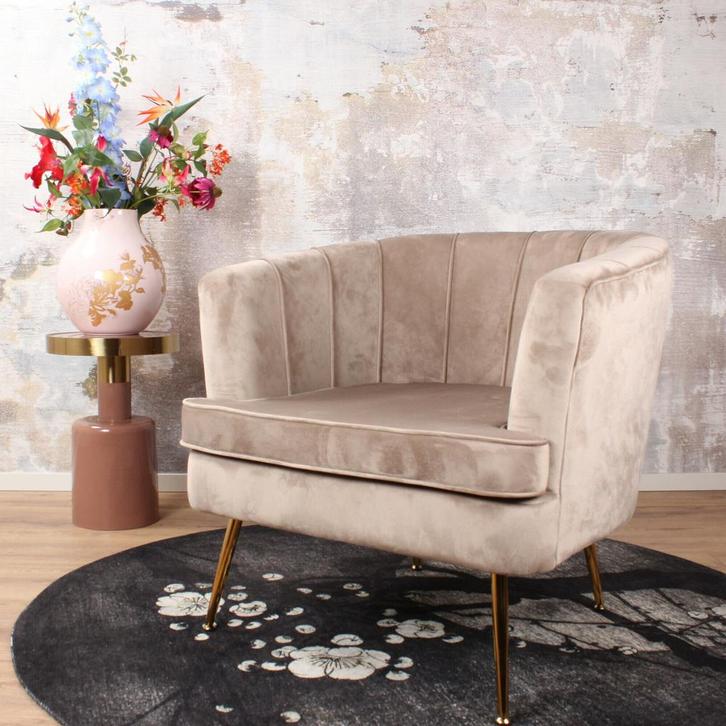 Norah fauteuil velvet champagne/taupe, Huis en Inrichting, Stoelen, Nieuw, Ophalen of Verzenden