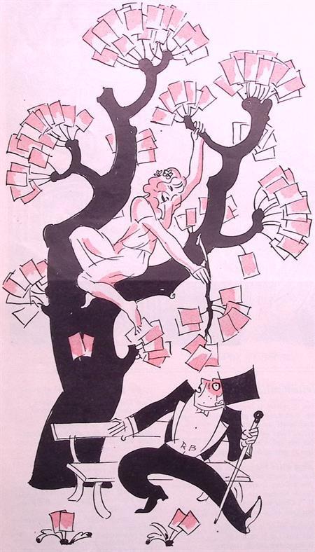 Boom met stembiljetten boven geschrokken man op spotprent, Antiek en Kunst, Kunst | Litho's en Zeefdrukken, Verzenden
