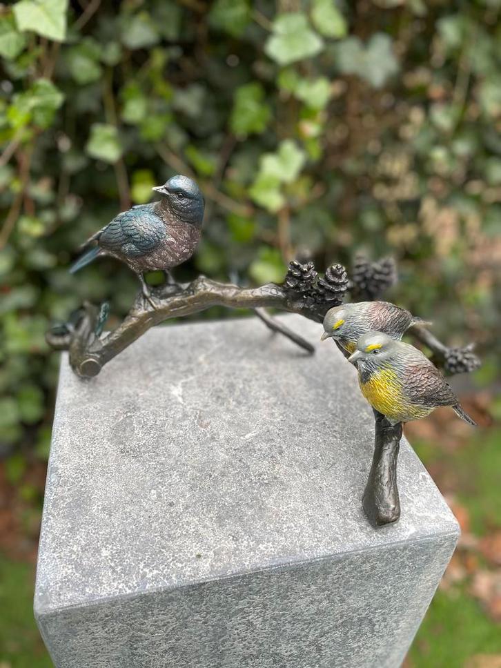 Bronzen vogels op een tak - Ornament  - Tuindecoratie, Tuin en Terras, Tuinbeelden, Dierenbeeld, Nieuw, Metaal, Verzenden