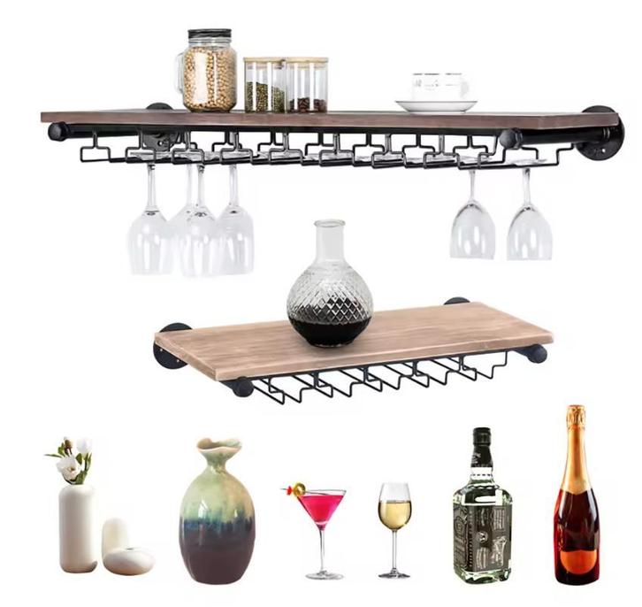 Wand Wijnrek Hout en Metaal – Industrieel Rek met Glashouder, Huis en Inrichting, Woonaccessoires | Wijnrekken, Nieuw, Verzenden