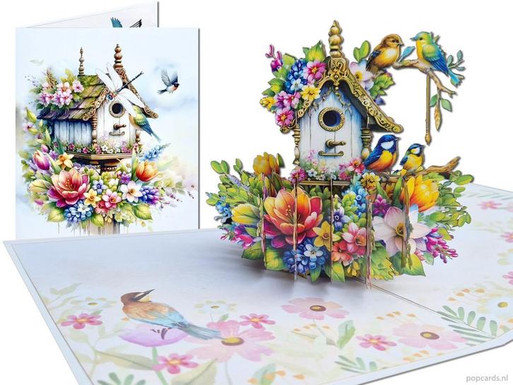 Feeëriek Vogelhuisje met Bloemen en Vogeltjes pop-up kaa..., Diversen, Wenskaarten, Verzenden