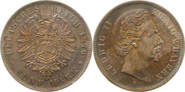Duitsland 5 Mark Ludwig Ii Koenig v Bayern 1876 D vz/prfr..., Postzegels en Munten, Munten | Europa | Niet-Euromunten, Verzenden