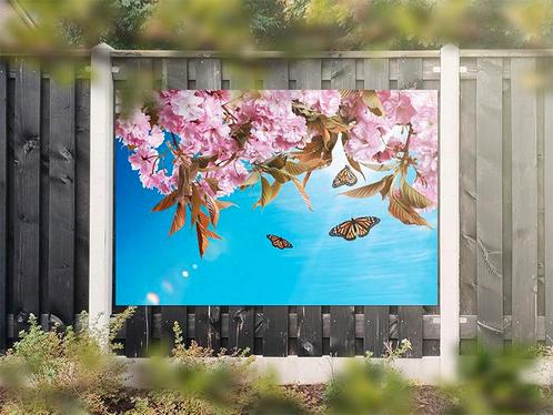 NR 1311: Tuinposter roze bloemen en vlinders 120x180cm, Tuin en Terras, Tuinwanddecoratie, Nieuw