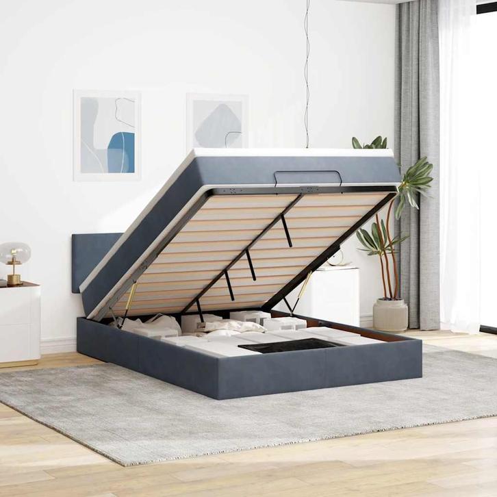 vidaXL Ottoman bed met matras en LEDs 140x200cm fluweel, Huis en Inrichting, Slaapkamer | Bedden, 140 cm, 200 cm, Grijs, Tweepersoons