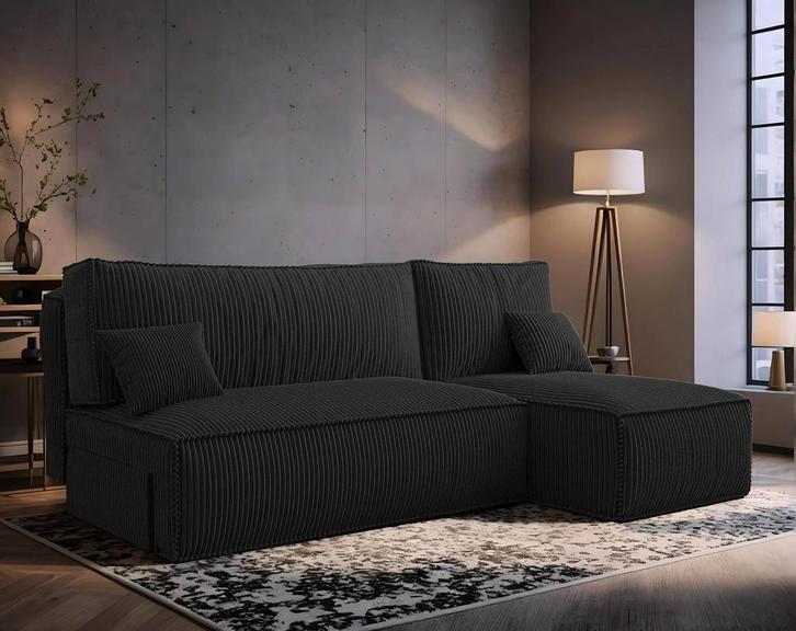 Hoekbank Ribstof Karlito Zwart | Universeel | €399,-, Huis en Inrichting, Banken | Bankstellen, 200 tot 250 cm, 125 tot 150 cm