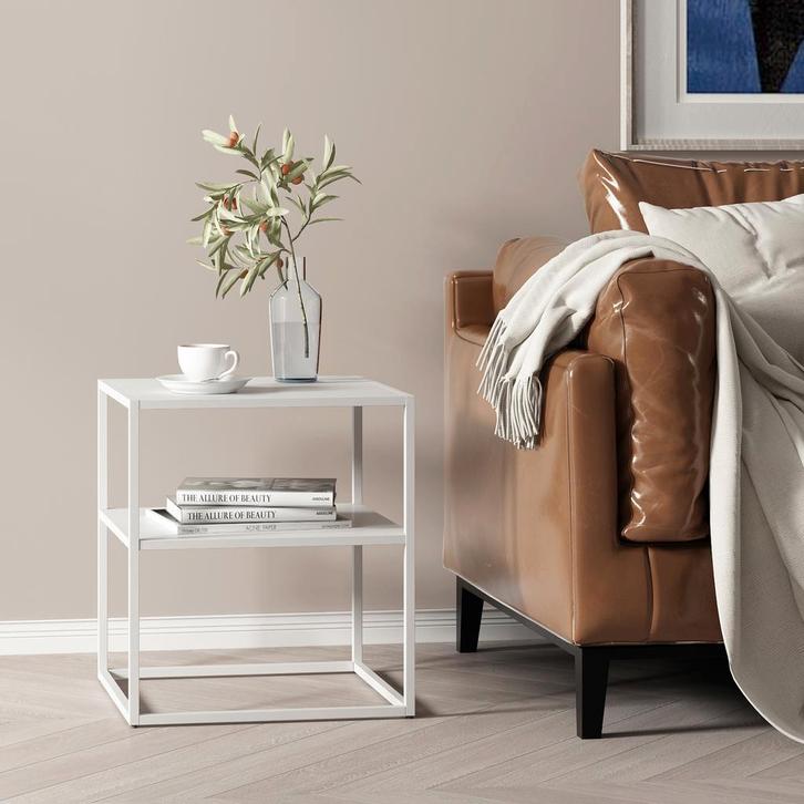 [en.casa] Bijzettafel Raahe met plank 50,5x45x40 cm wit, Huis en Inrichting, Tafels | Bijzettafels, Verzenden