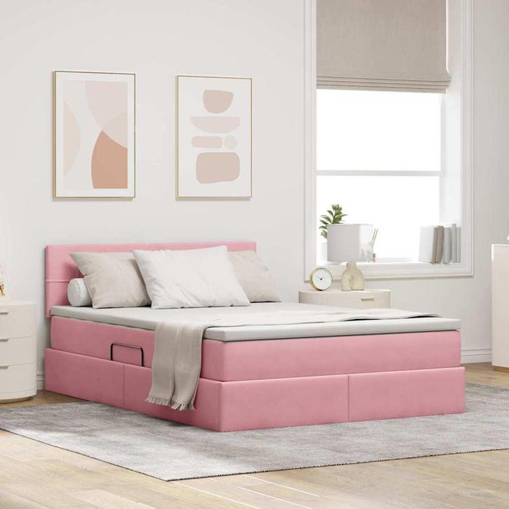 vidaXL Opslag bed met matras met hoofdeinde Roze 140 x 190, Huis en Inrichting, Slaapkamer | Bedden, Nieuw, Stof, Verzenden