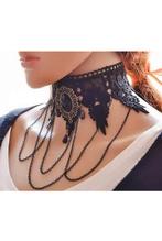 Choker Zwart Kant Breed Kraaltjes Kettinkjes 5 Kanten Zwarte, Kunststof, Verstelbaar, Zwart, Nieuw