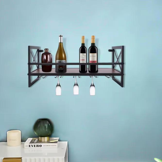 Wand Wijnrek met Glashouder – Hout en Metaal, Industrieel, Huis en Inrichting, Woonaccessoires | Wijnrekken, Nieuw, Verzenden