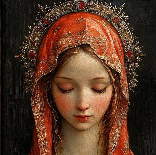 CAMILART.ES_(2002) - RED MADONNA PRAYING ON A WOOD TABLE, Antiek en Kunst, Antiek | Boeken en Bijbels